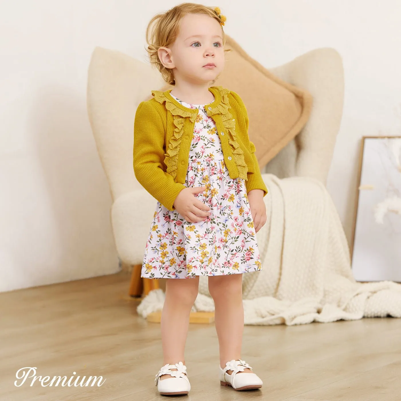 2pcs Elegant Floral Suit-dress for Baby Girl with Ruffle Edge