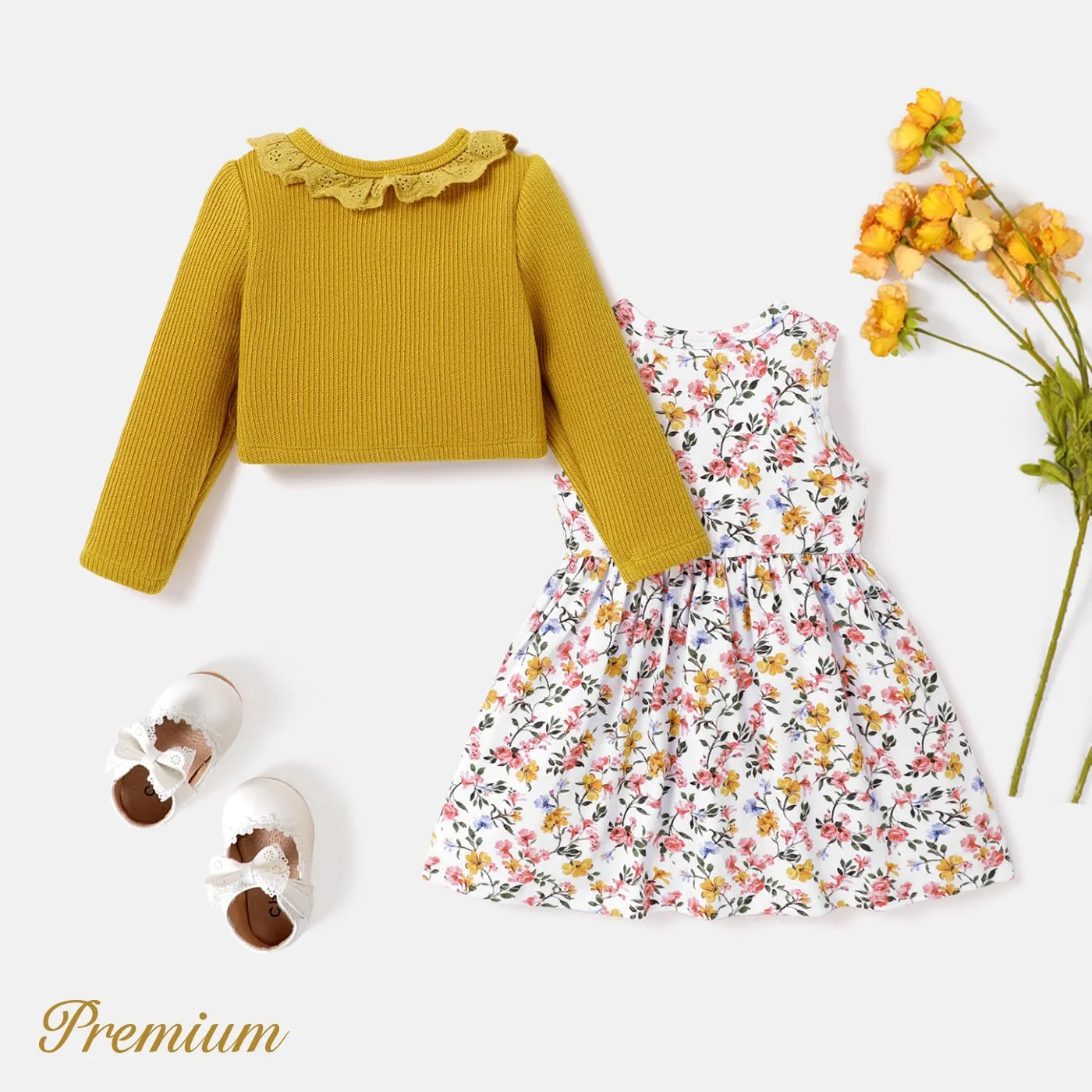 2pcs Elegant Floral Suit-dress for Baby Girl with Ruffle Edge