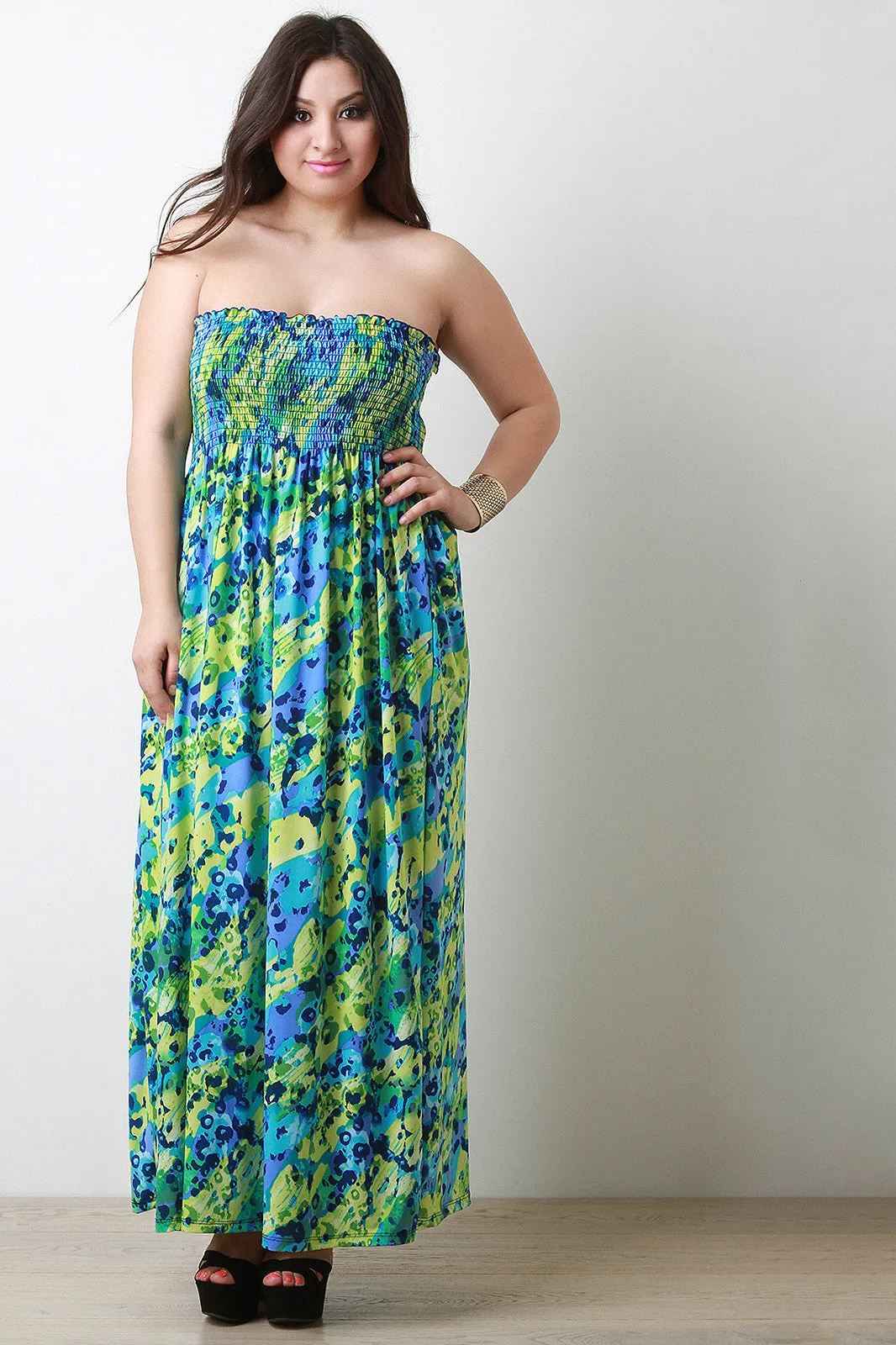 Abstract Empire Waist Strapless Maxi Dress