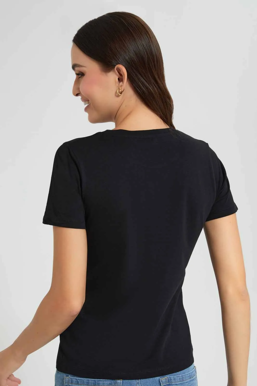 Black Elegant Embellished T-Shirt