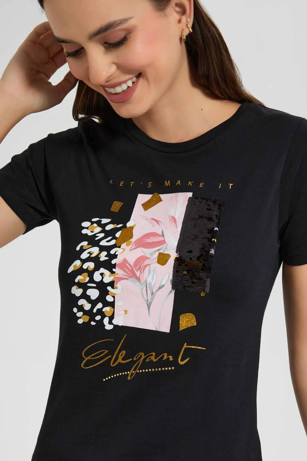 Black Elegant Embellished T-Shirt