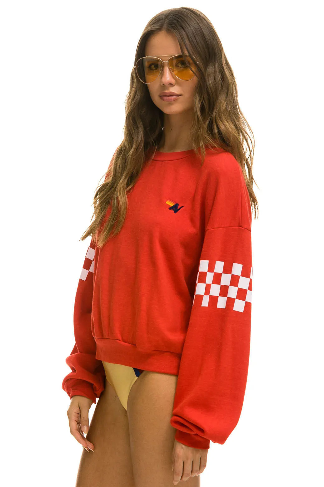 CHECK 2 SLEEVE RELAXED CREW SWEATSHIRT - RED // WHITE