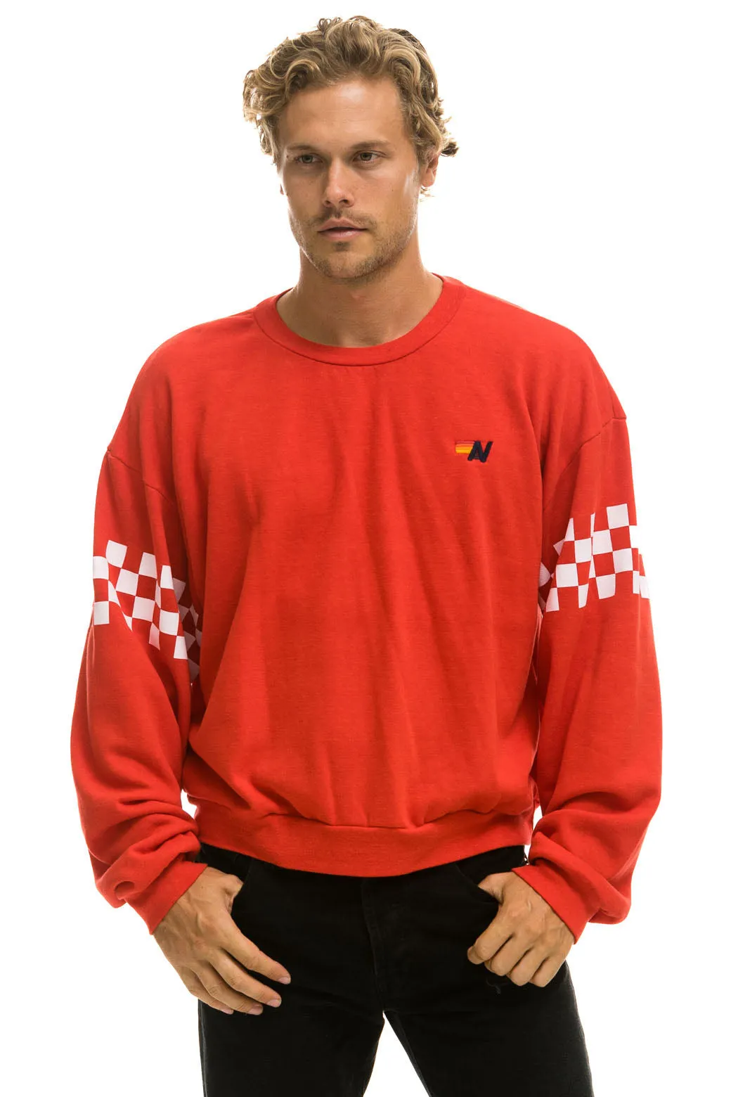 CHECK 2 SLEEVE RELAXED CREW SWEATSHIRT - RED // WHITE