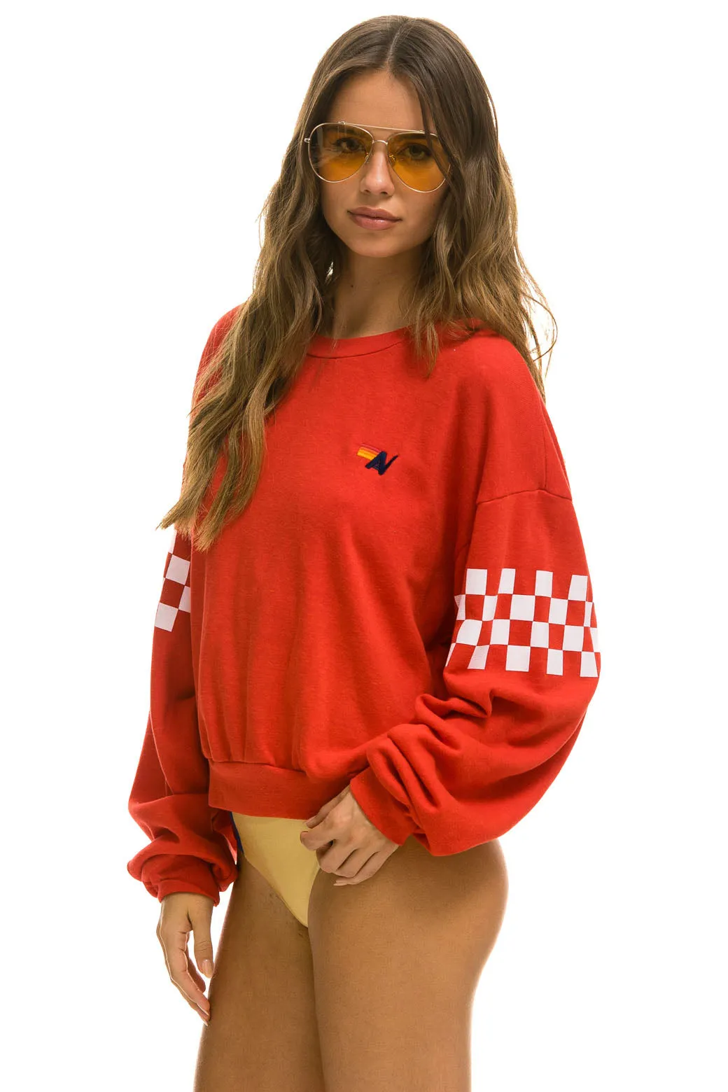 CHECK 2 SLEEVE RELAXED CREW SWEATSHIRT - RED // WHITE