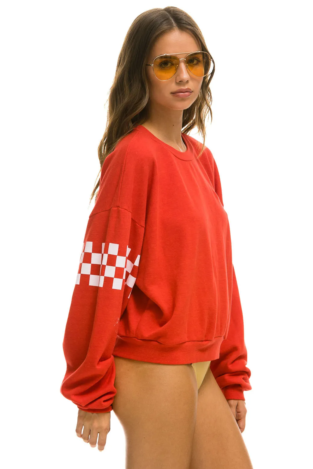 CHECK 2 SLEEVE RELAXED CREW SWEATSHIRT - RED // WHITE