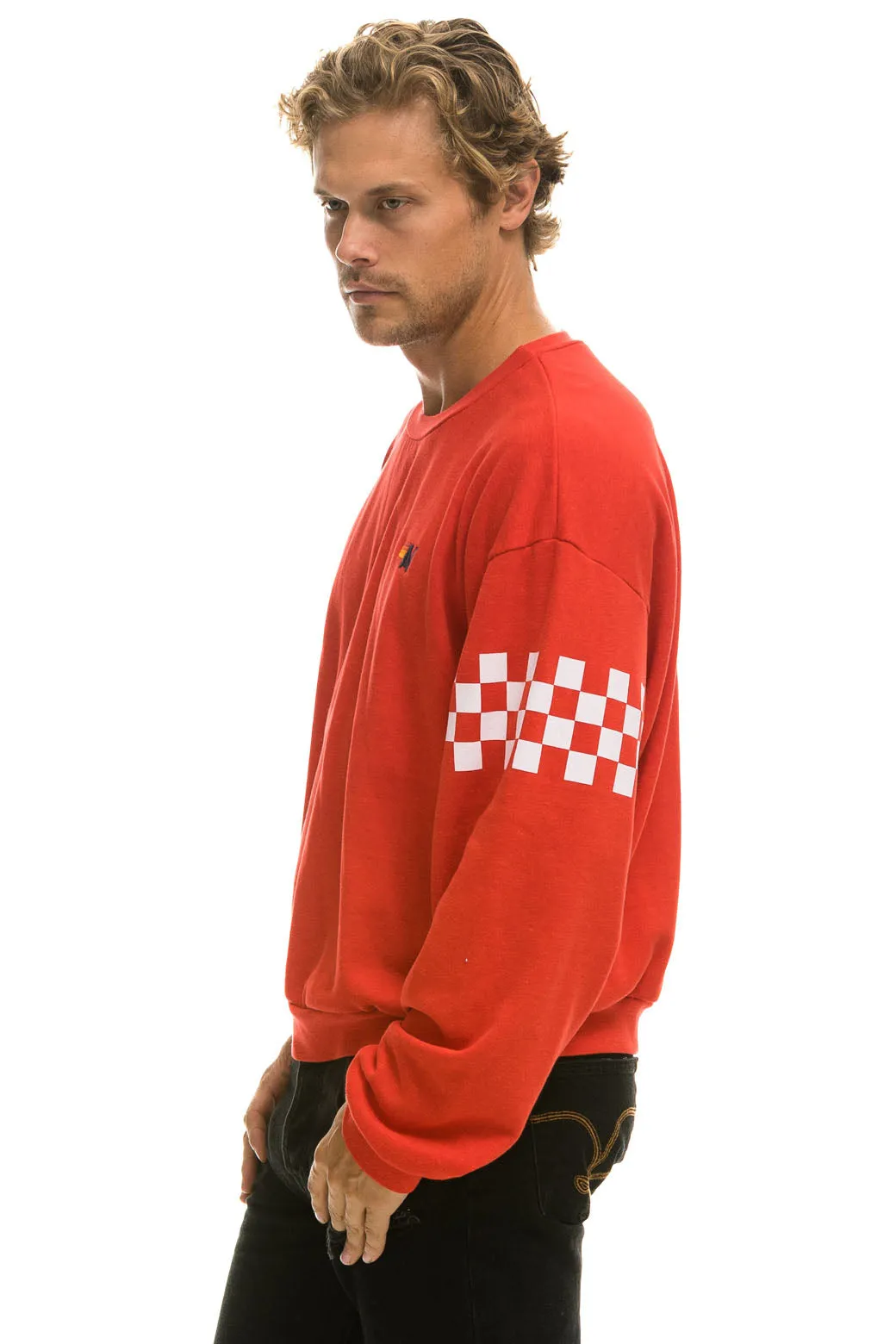 CHECK 2 SLEEVE RELAXED CREW SWEATSHIRT - RED // WHITE