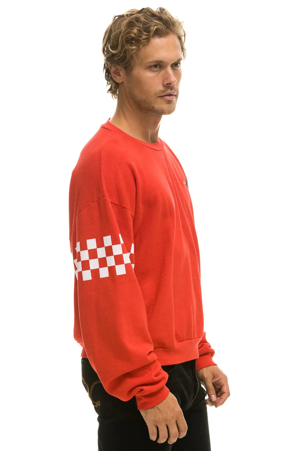 CHECK 2 SLEEVE RELAXED CREW SWEATSHIRT - RED // WHITE