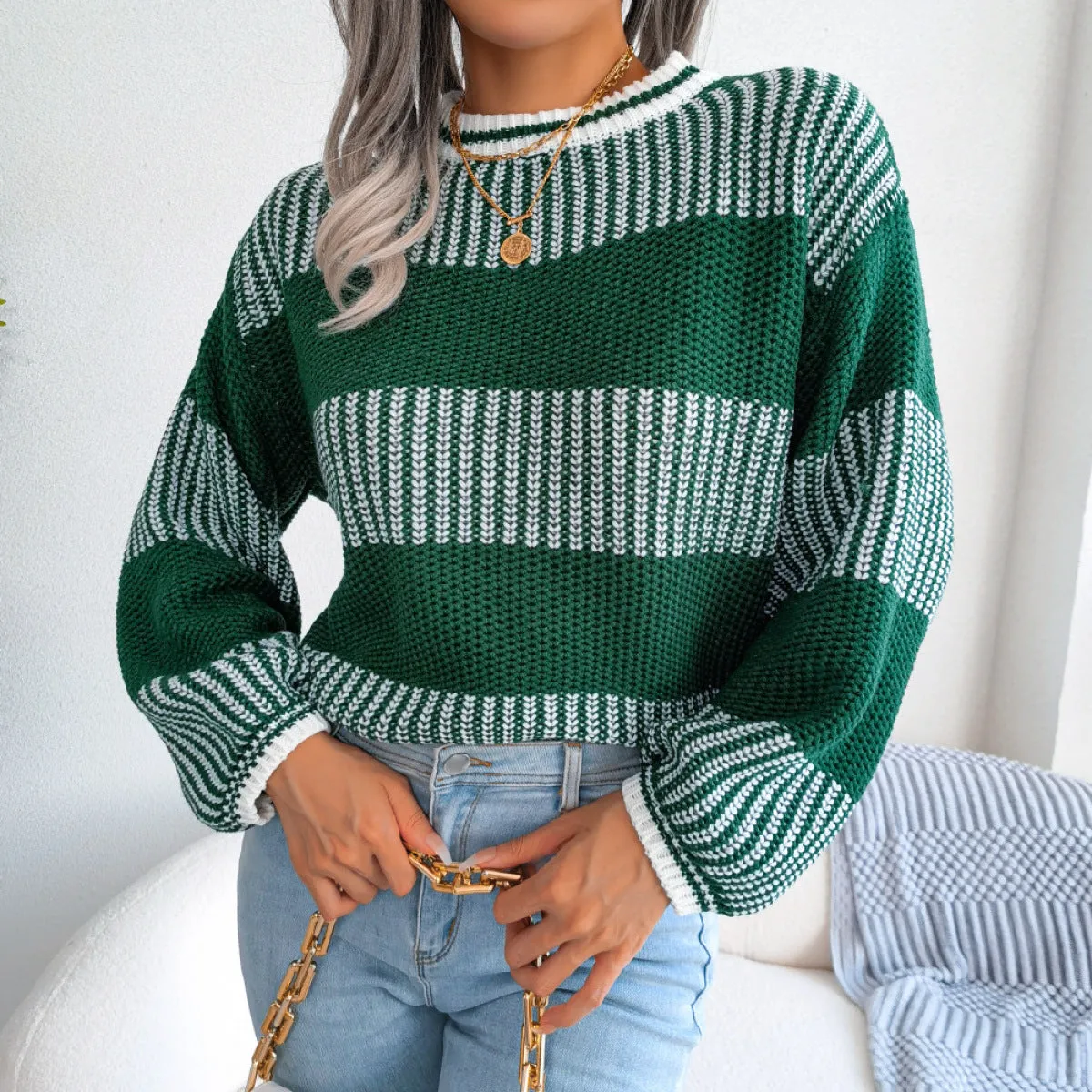 Colorblock Striped Long Sleeve Knit Sweater