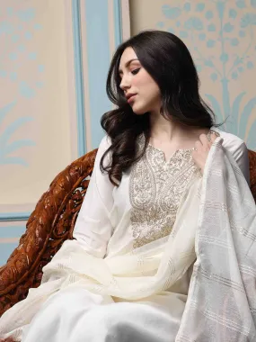 Comfy White Poly Silk Zari Embroidered Kurta Set with Straight Bottom and Sheer Poly Silk Dupatta