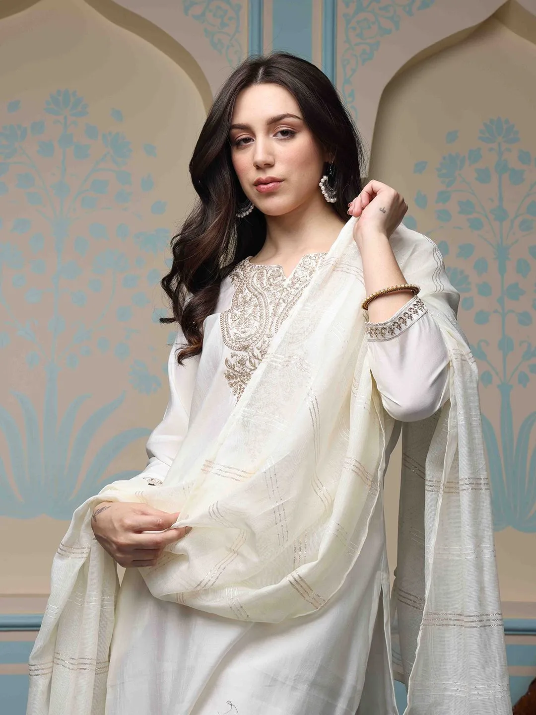 Comfy White Poly Silk Zari Embroidered Kurta Set with Straight Bottom and Sheer Poly Silk Dupatta