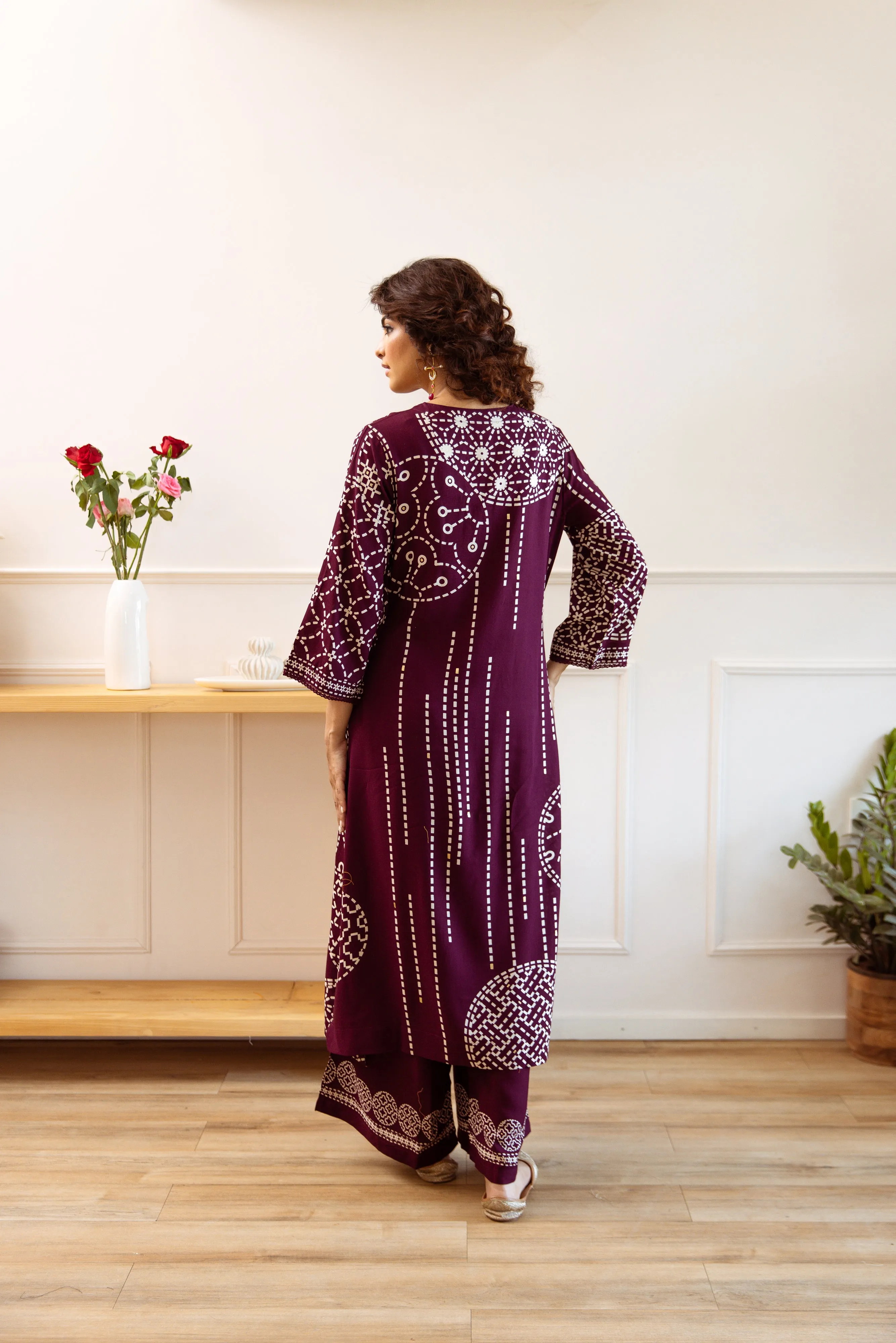 Comfy Wine Viscose Rayon Floral Printed A-Line Kurta Set with Palazzo Bottom