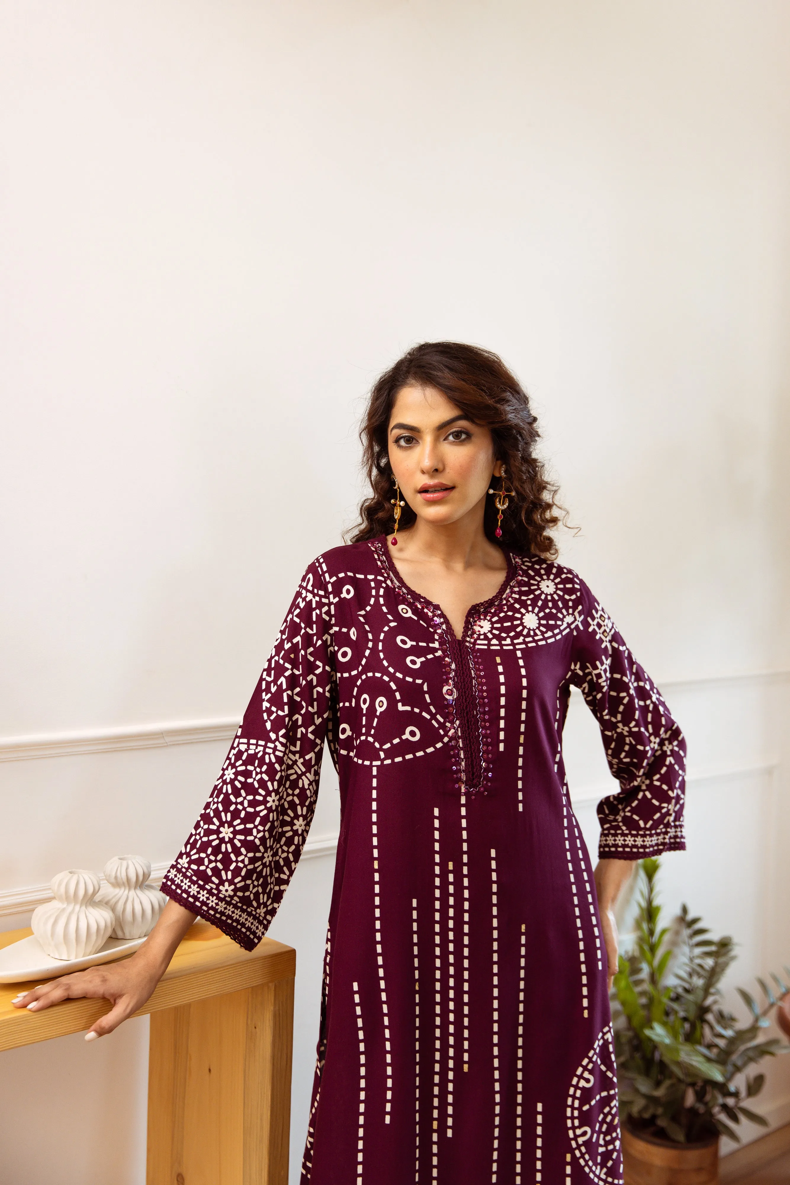 Comfy Wine Viscose Rayon Floral Printed A-Line Kurta Set with Palazzo Bottom