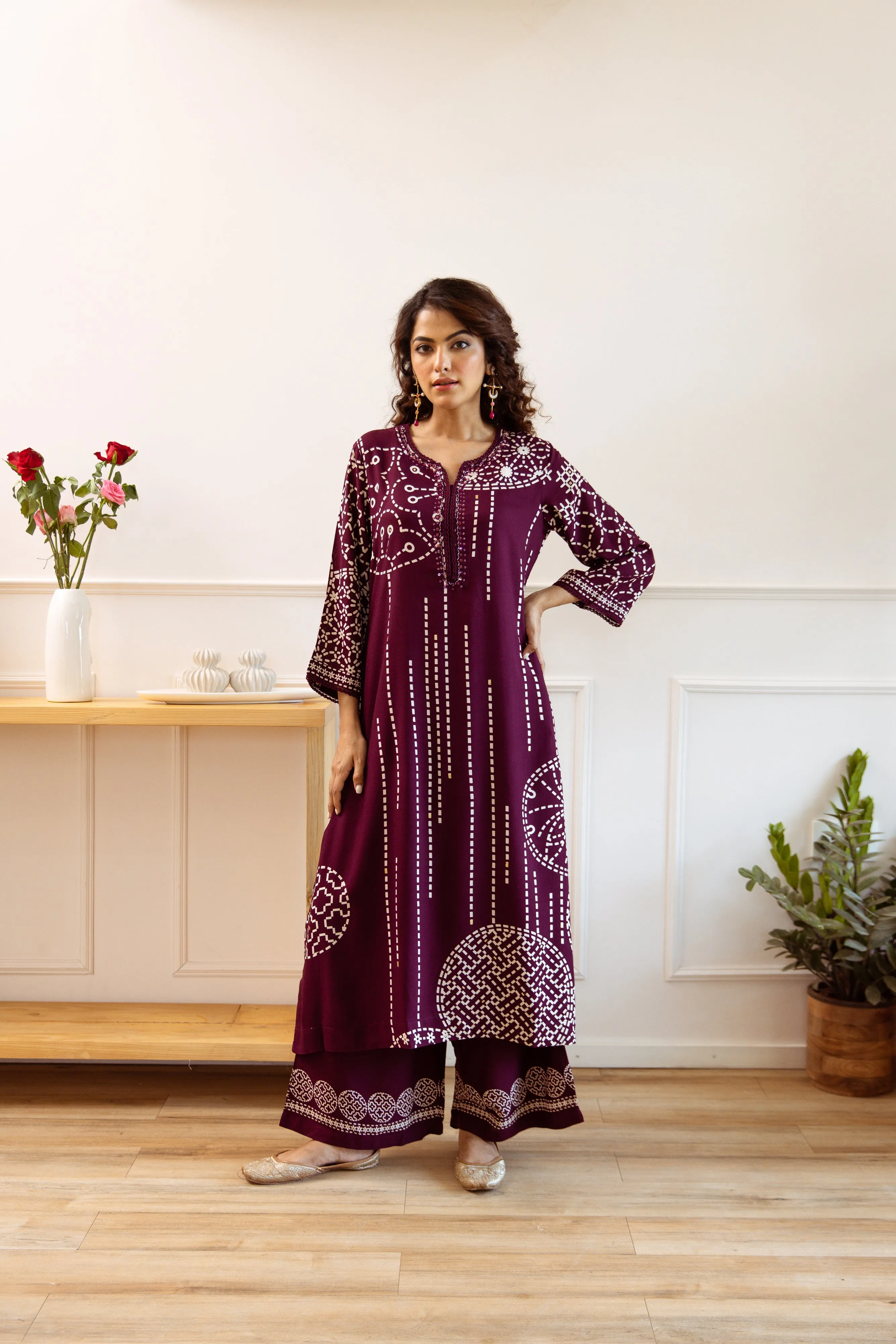 Comfy Wine Viscose Rayon Floral Printed A-Line Kurta Set with Palazzo Bottom