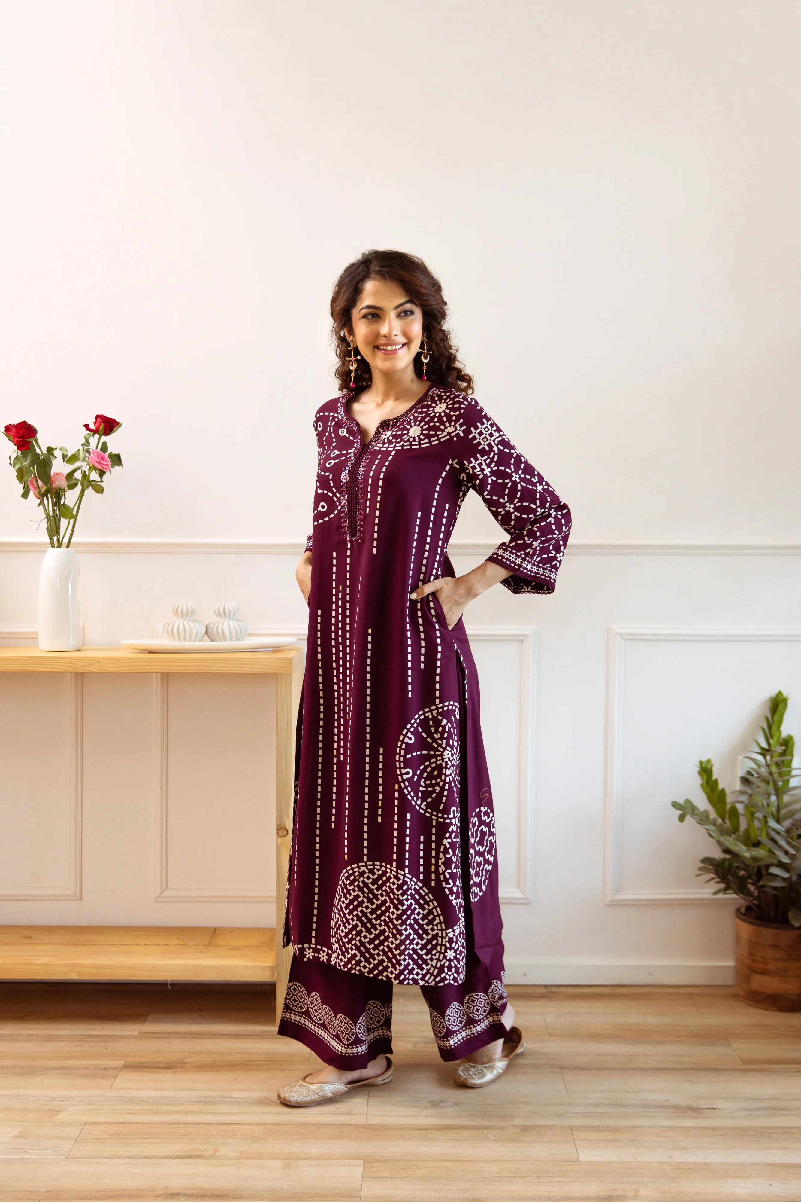 Comfy Wine Viscose Rayon Floral Printed A-Line Kurta Set with Palazzo Bottom