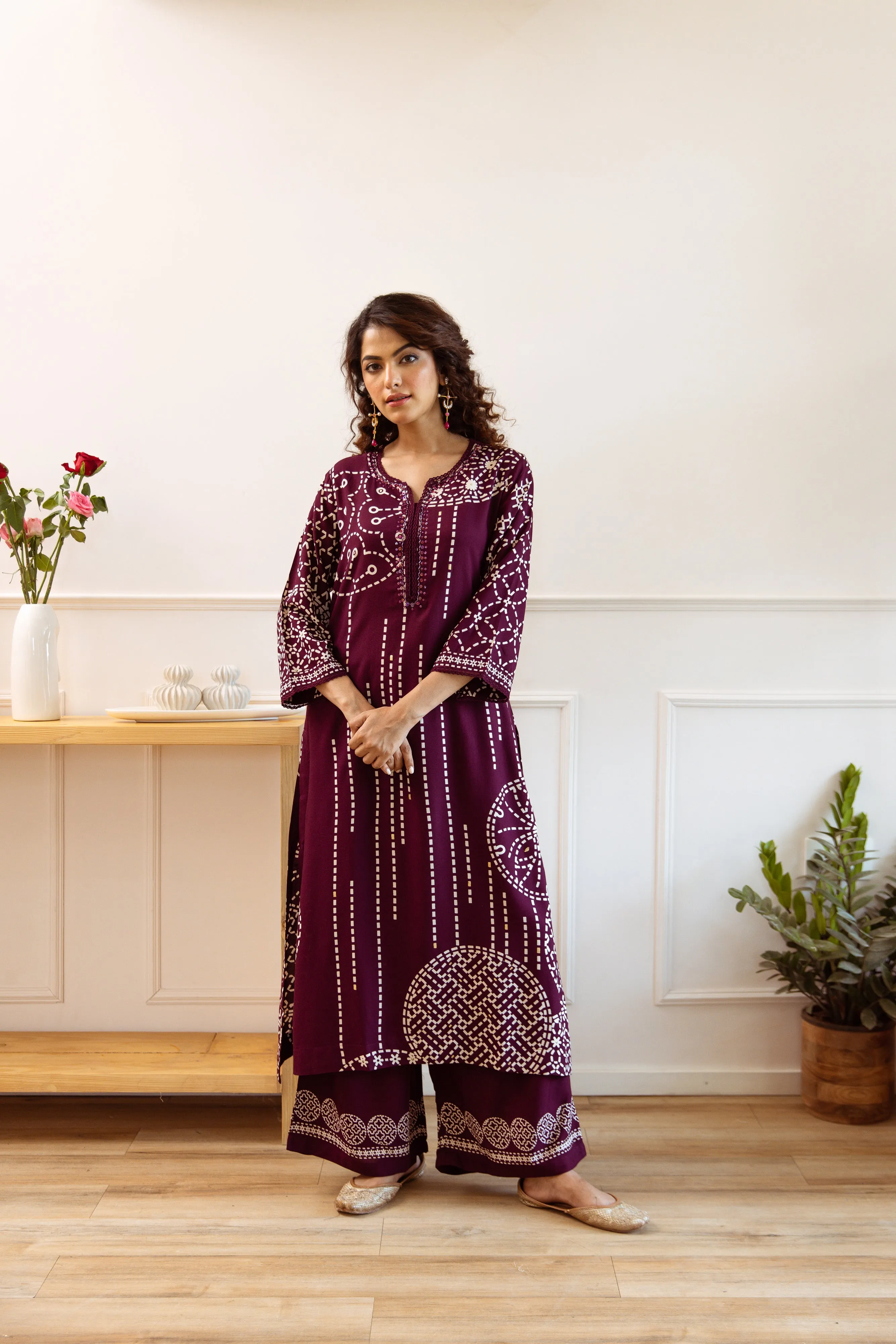 Comfy Wine Viscose Rayon Floral Printed A-Line Kurta Set with Palazzo Bottom