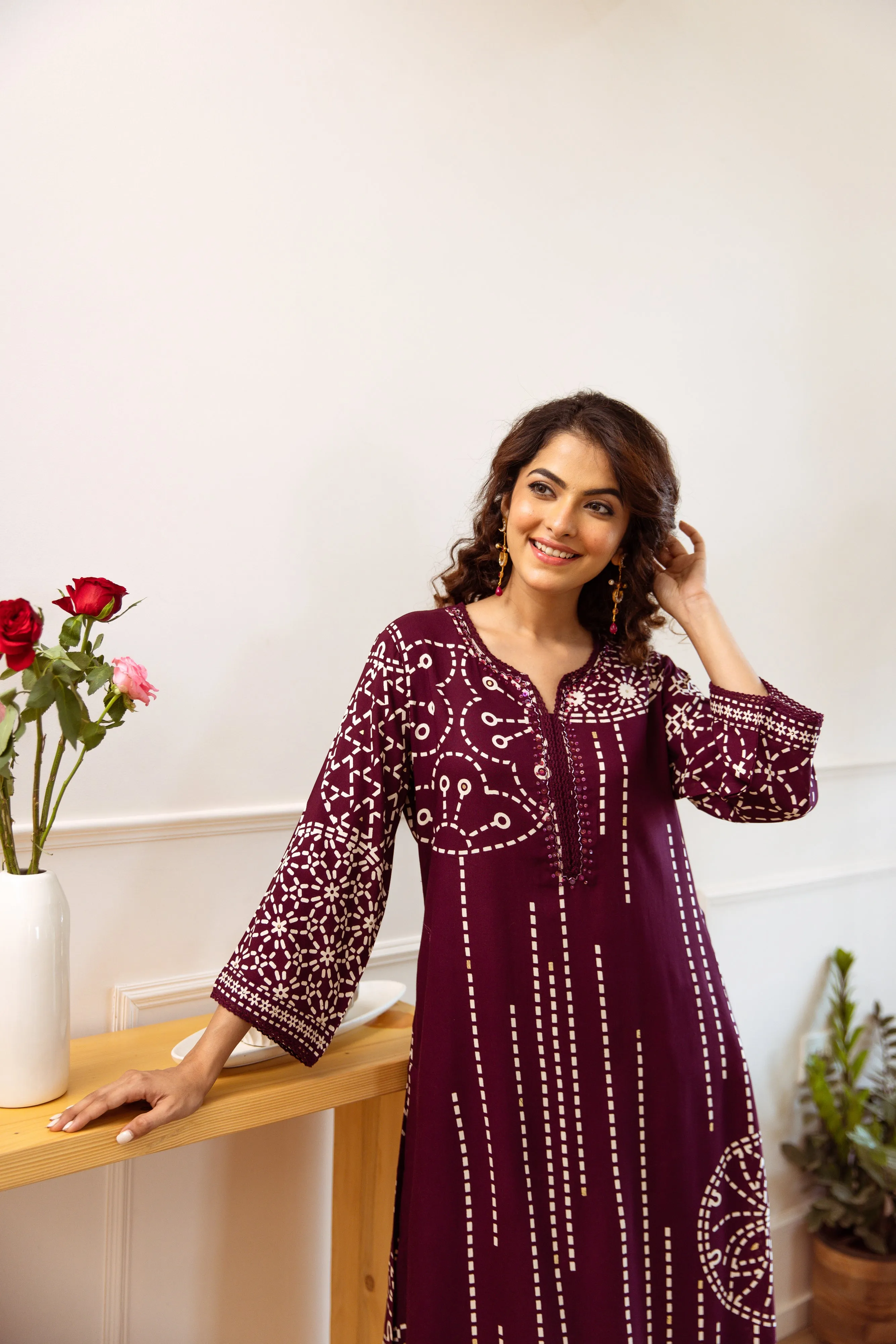 Comfy Wine Viscose Rayon Floral Printed A-Line Kurta Set with Palazzo Bottom