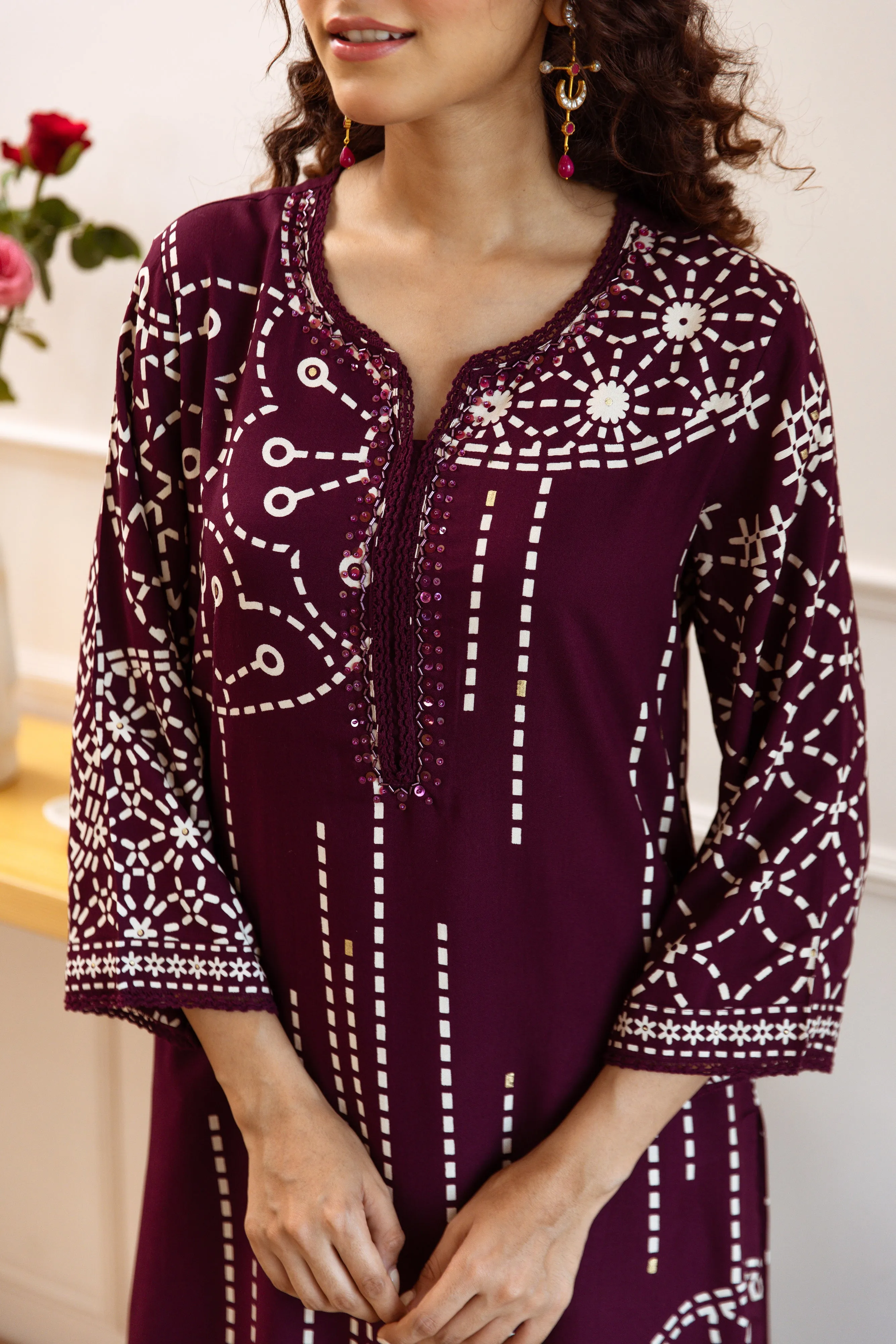 Comfy Wine Viscose Rayon Floral Printed A-Line Kurta Set with Palazzo Bottom