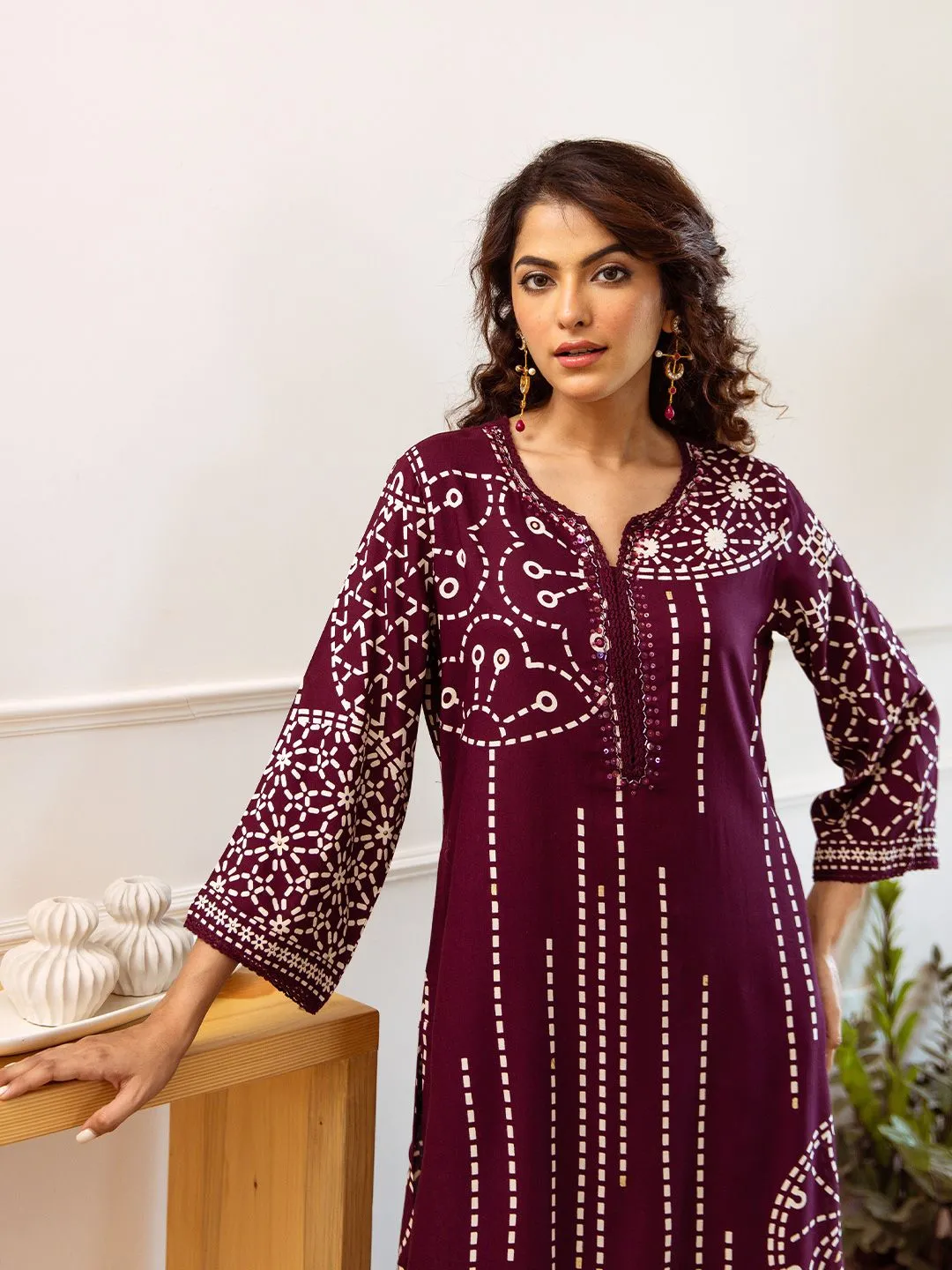 Comfy Wine Viscose Rayon Floral Printed A-Line Kurta Set with Palazzo Bottom