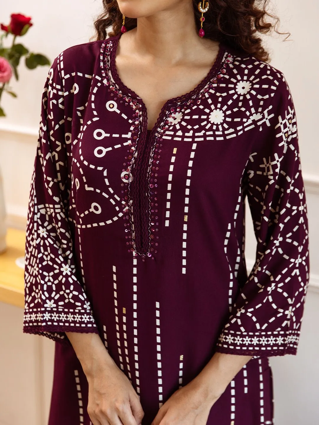 Comfy Wine Viscose Rayon Floral Printed A-Line Kurta Set with Palazzo Bottom