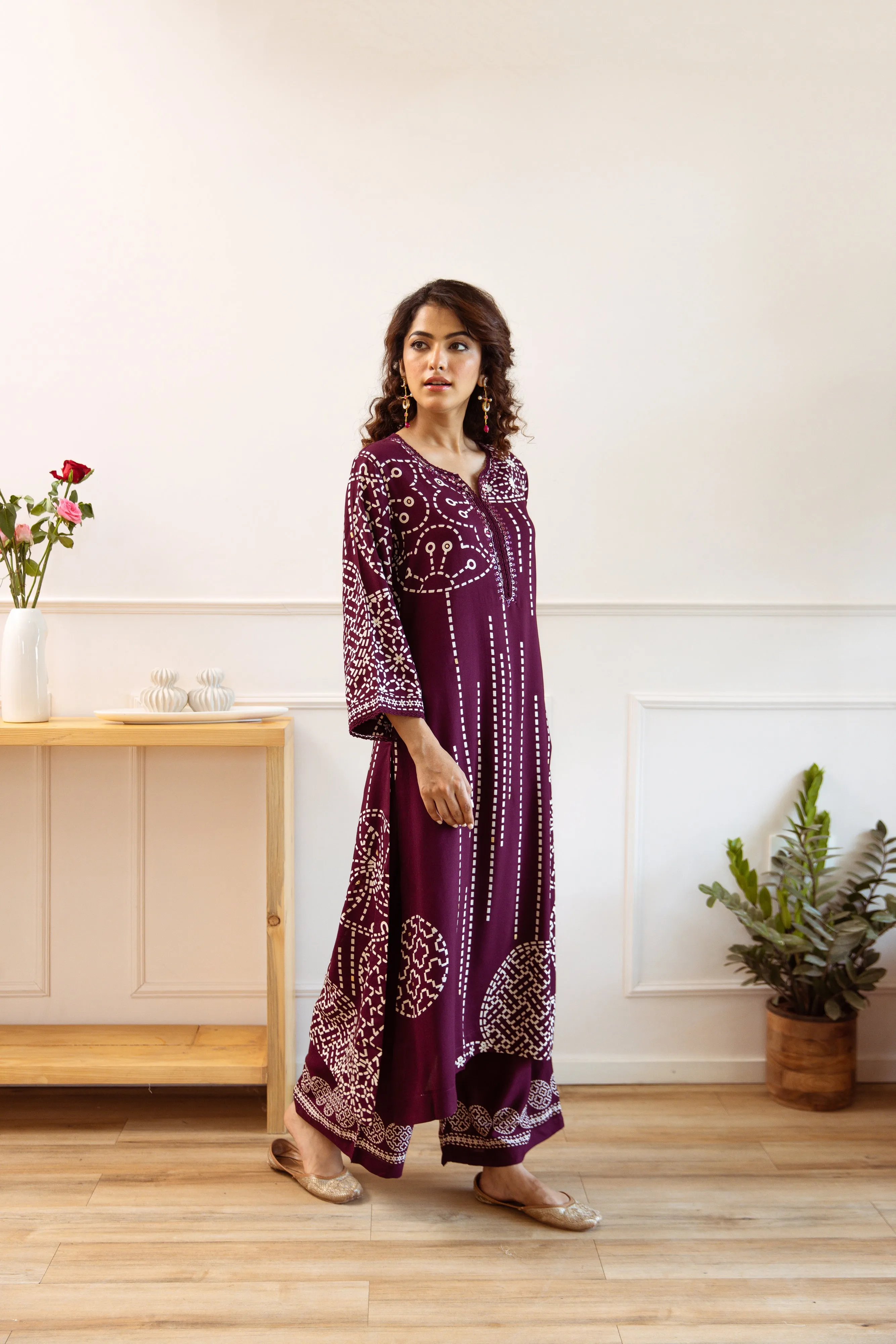 Comfy Wine Viscose Rayon Floral Printed A-Line Kurta Set with Palazzo Bottom