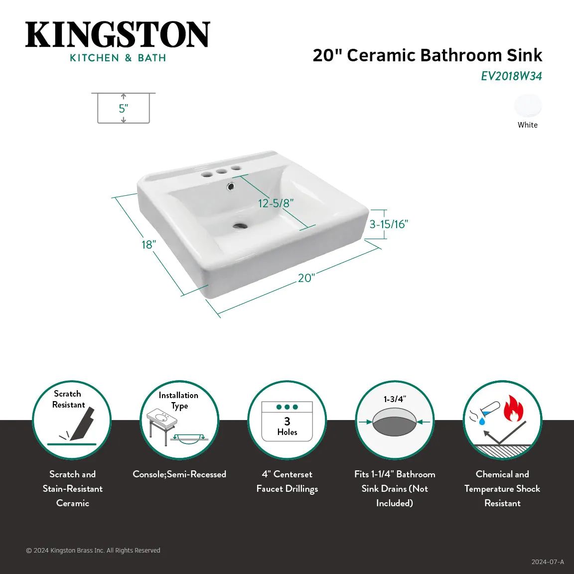 Concord EV2018W34 20-Inch Console Sink Basin (4-Inch, 3-Hole), White