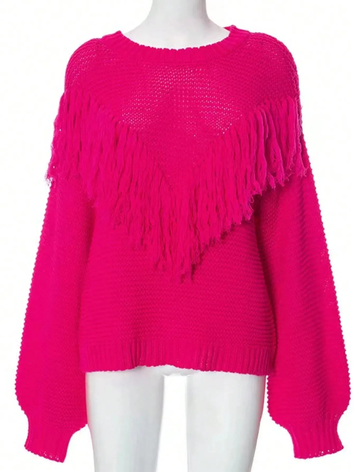 Cozy Pink Fringe Sweater with Lantern Sleeves for Fall