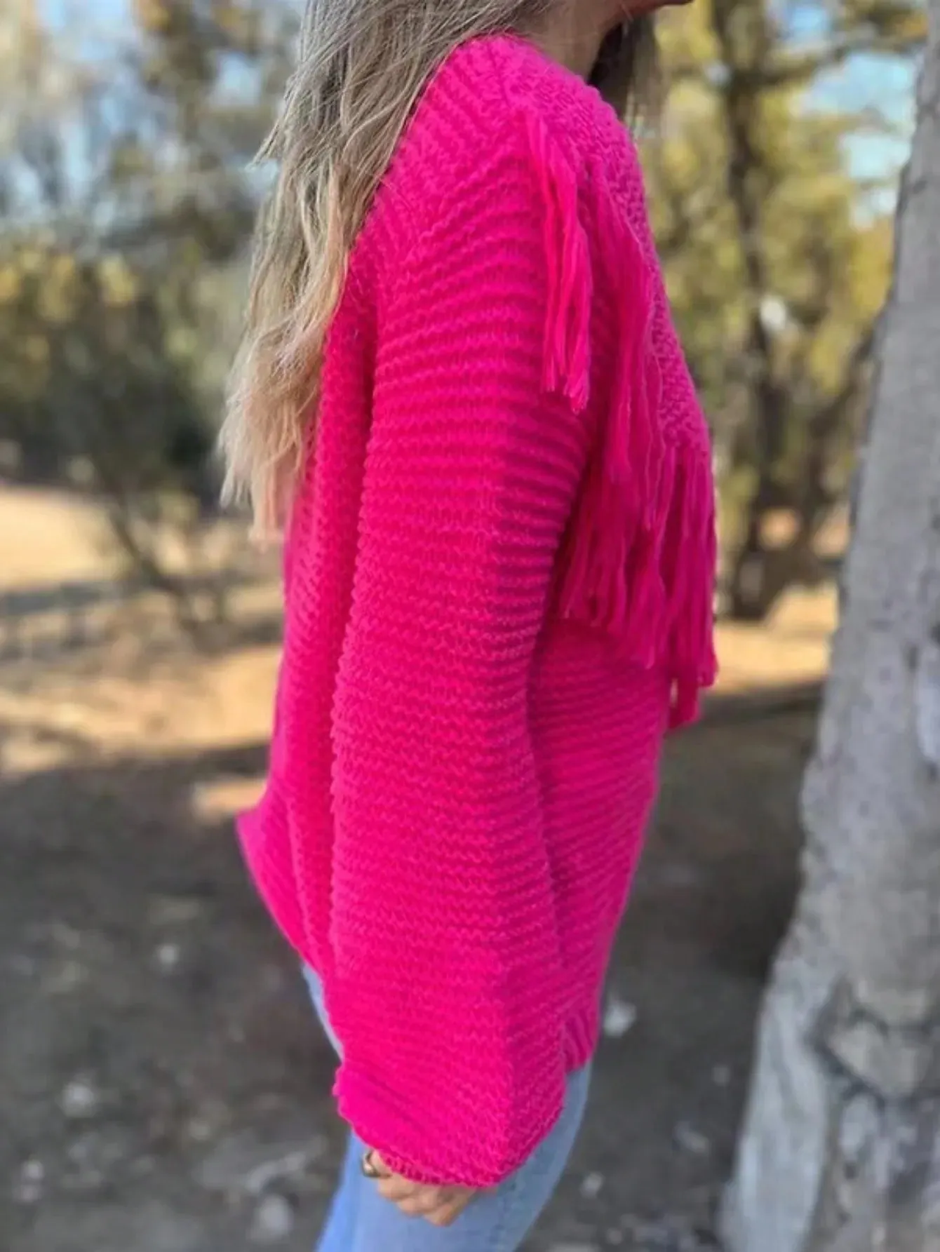 Cozy Pink Fringe Sweater with Lantern Sleeves for Fall