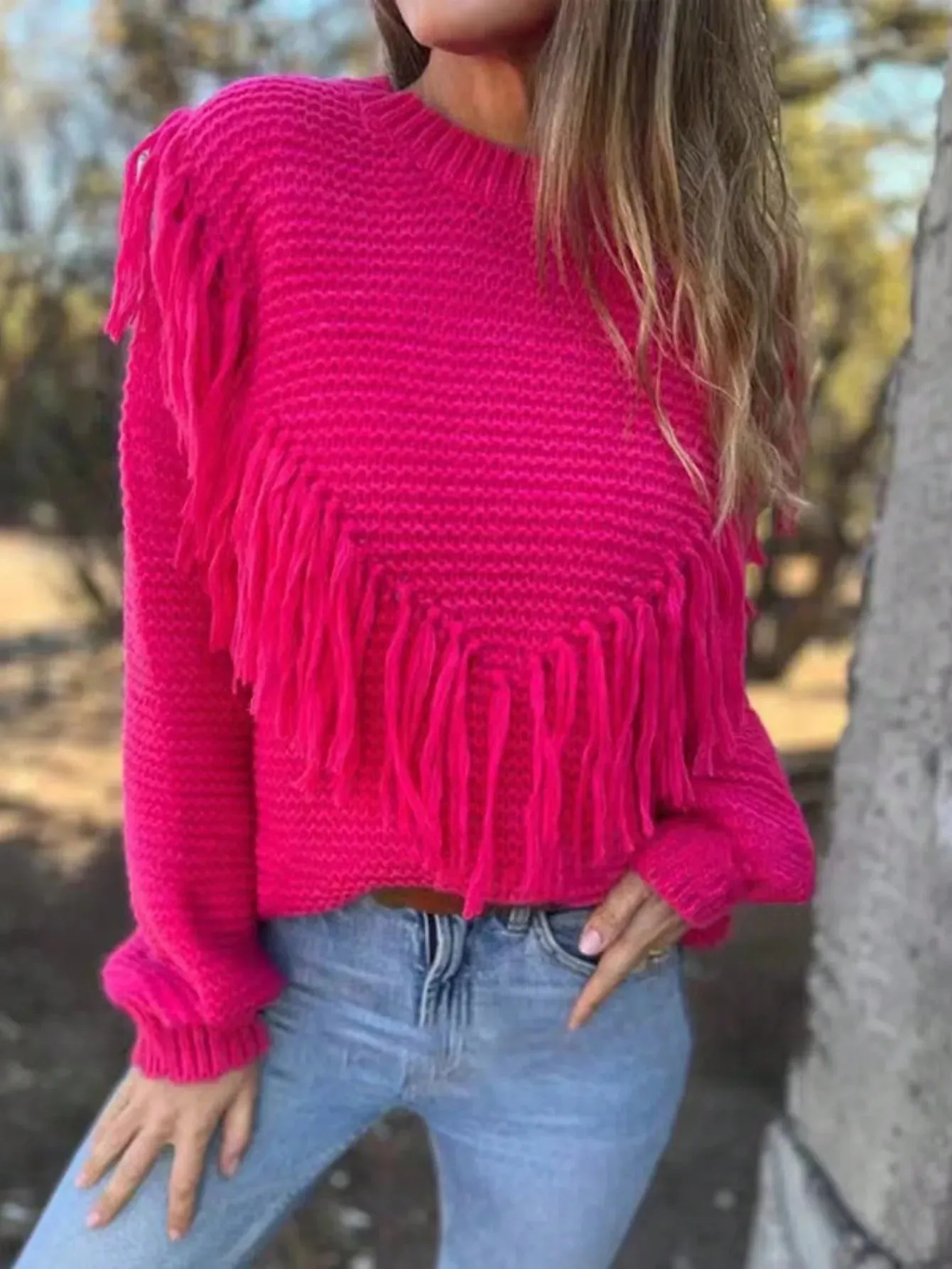 Cozy Pink Fringe Sweater with Lantern Sleeves for Fall