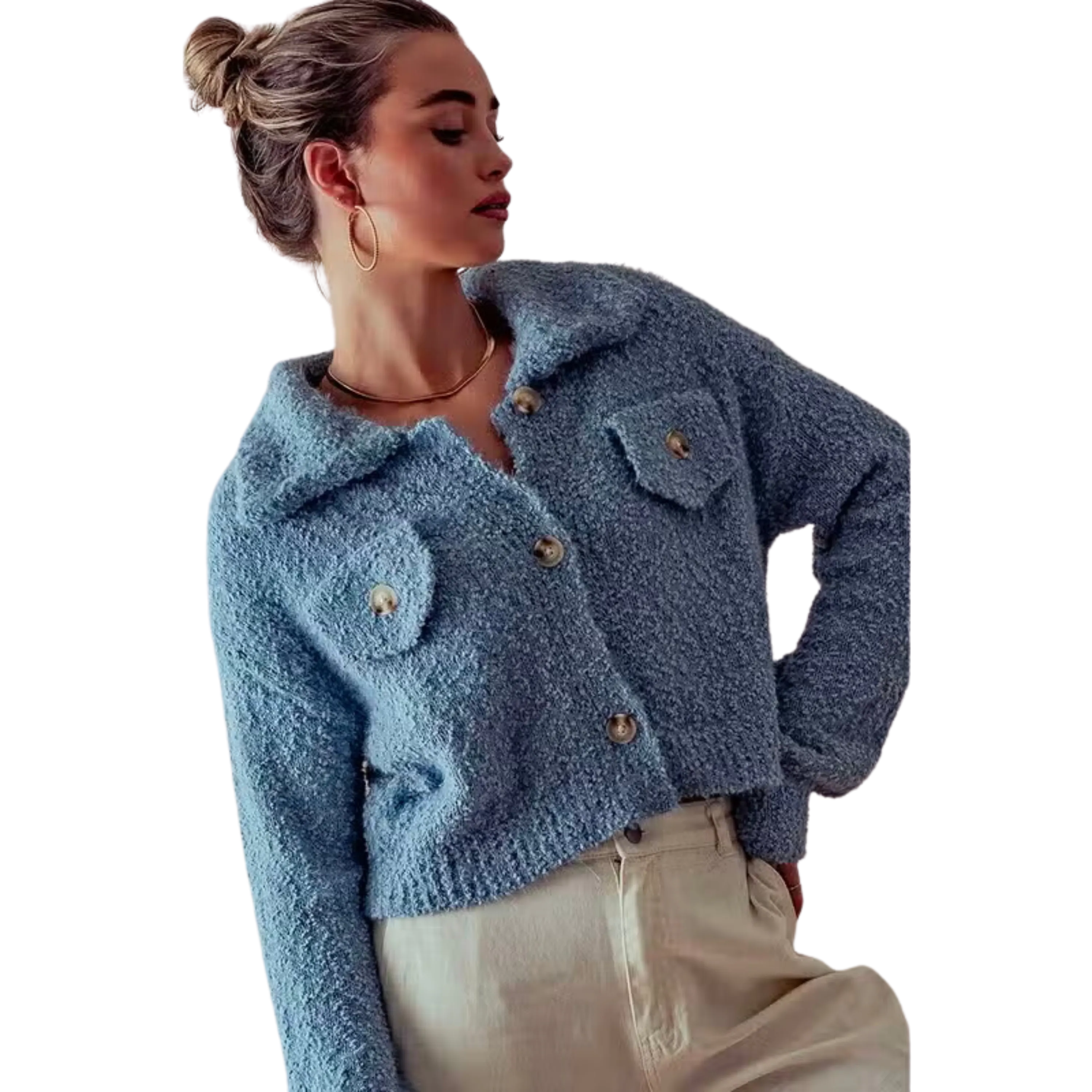 Cozy Popcorn Knit Buttoned Cardigan - Dusty Blue