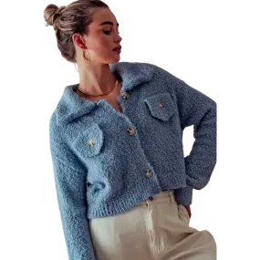 Cozy Popcorn Knit Buttoned Cardigan - Dusty Blue