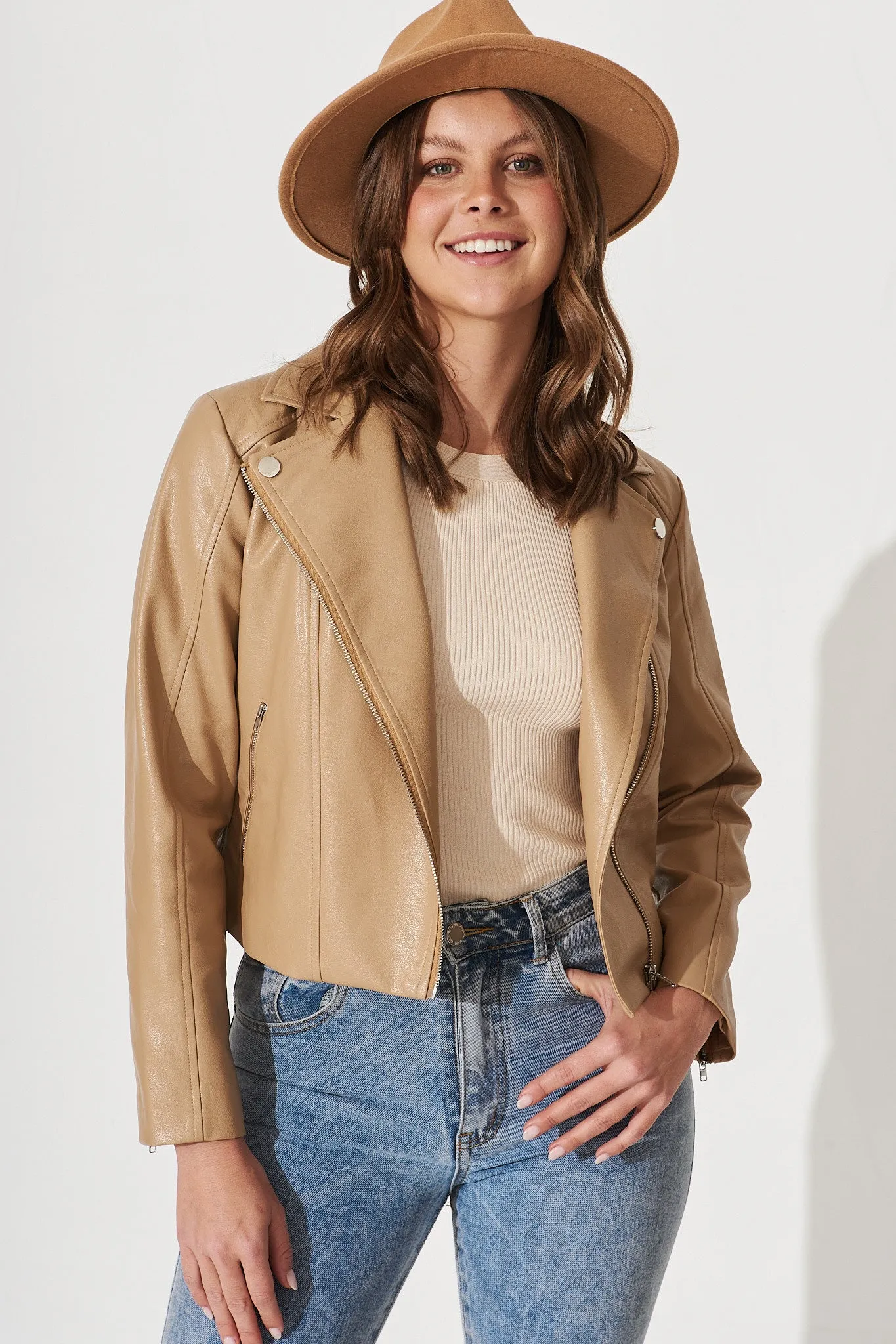 Cuba Leatherette Jacket In Taupe