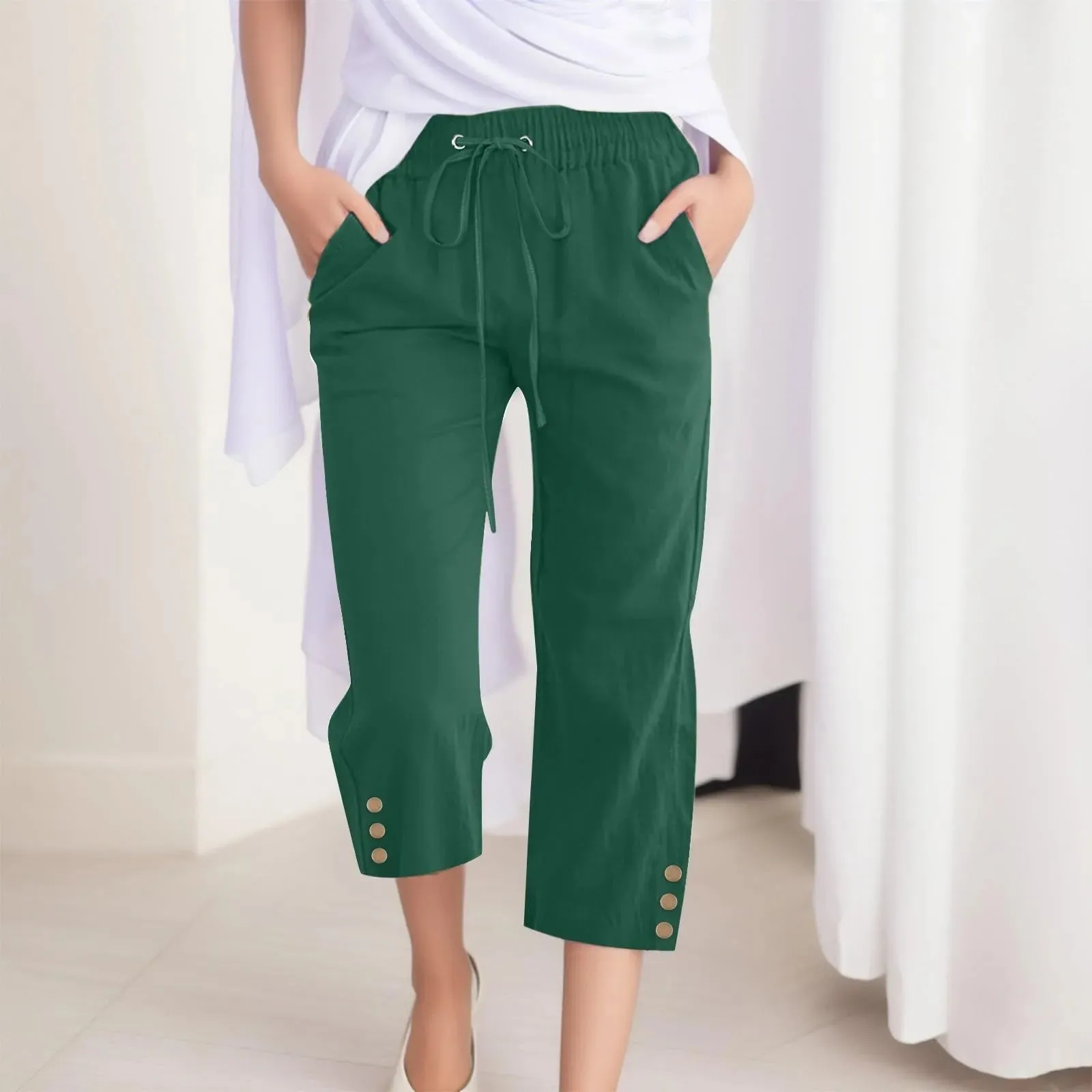 Drawstring Mid-Calf Cotton Linen Pants