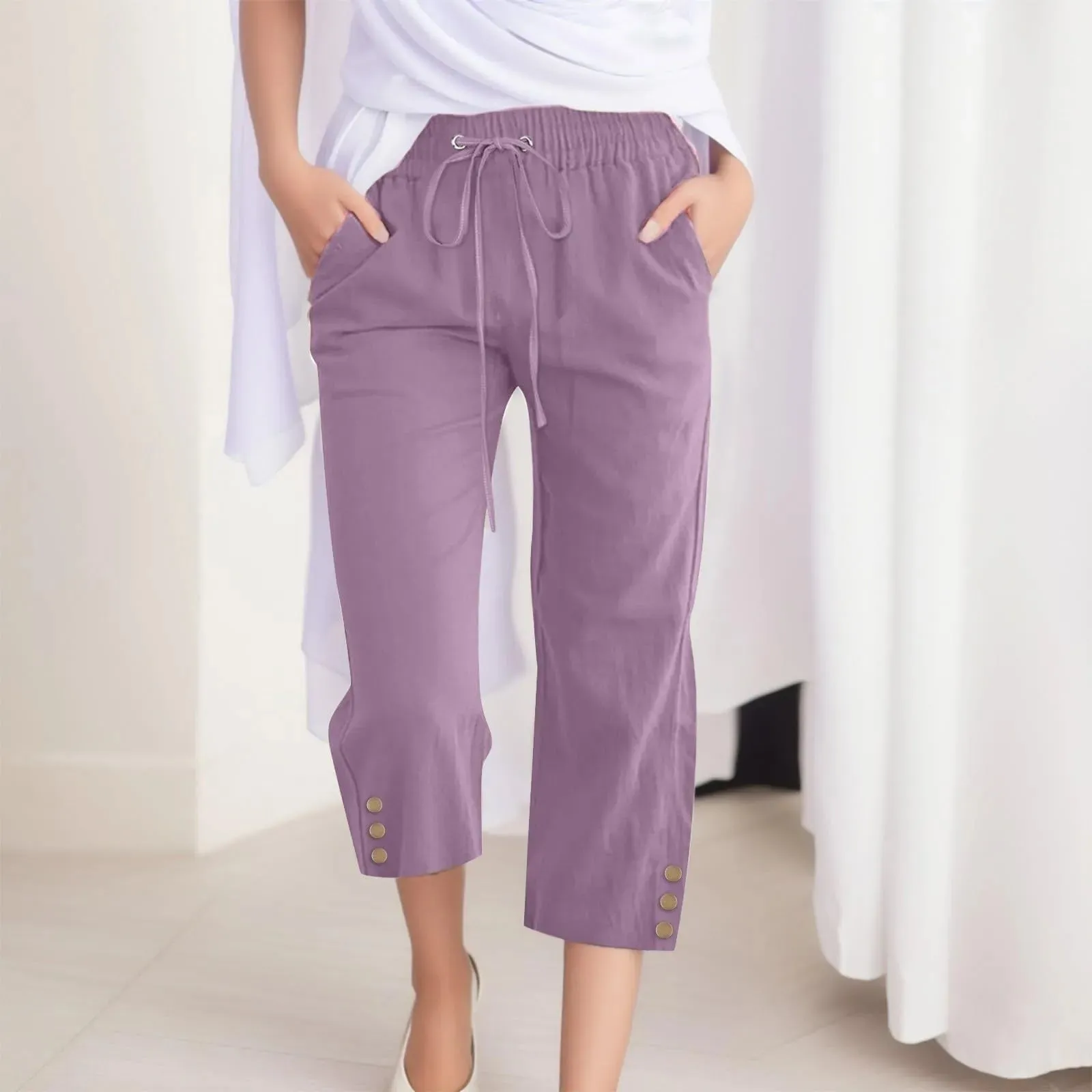 Drawstring Mid-Calf Cotton Linen Pants