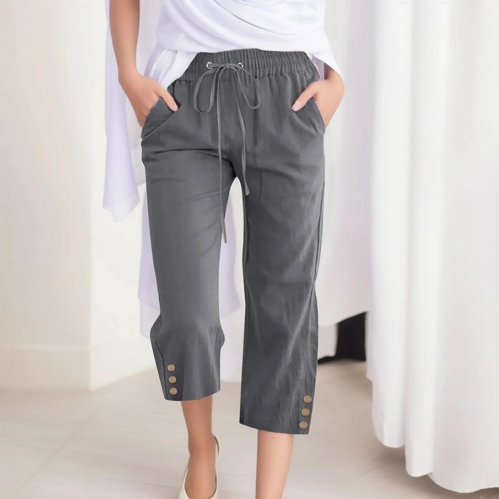 Drawstring Mid-Calf Cotton Linen Pants