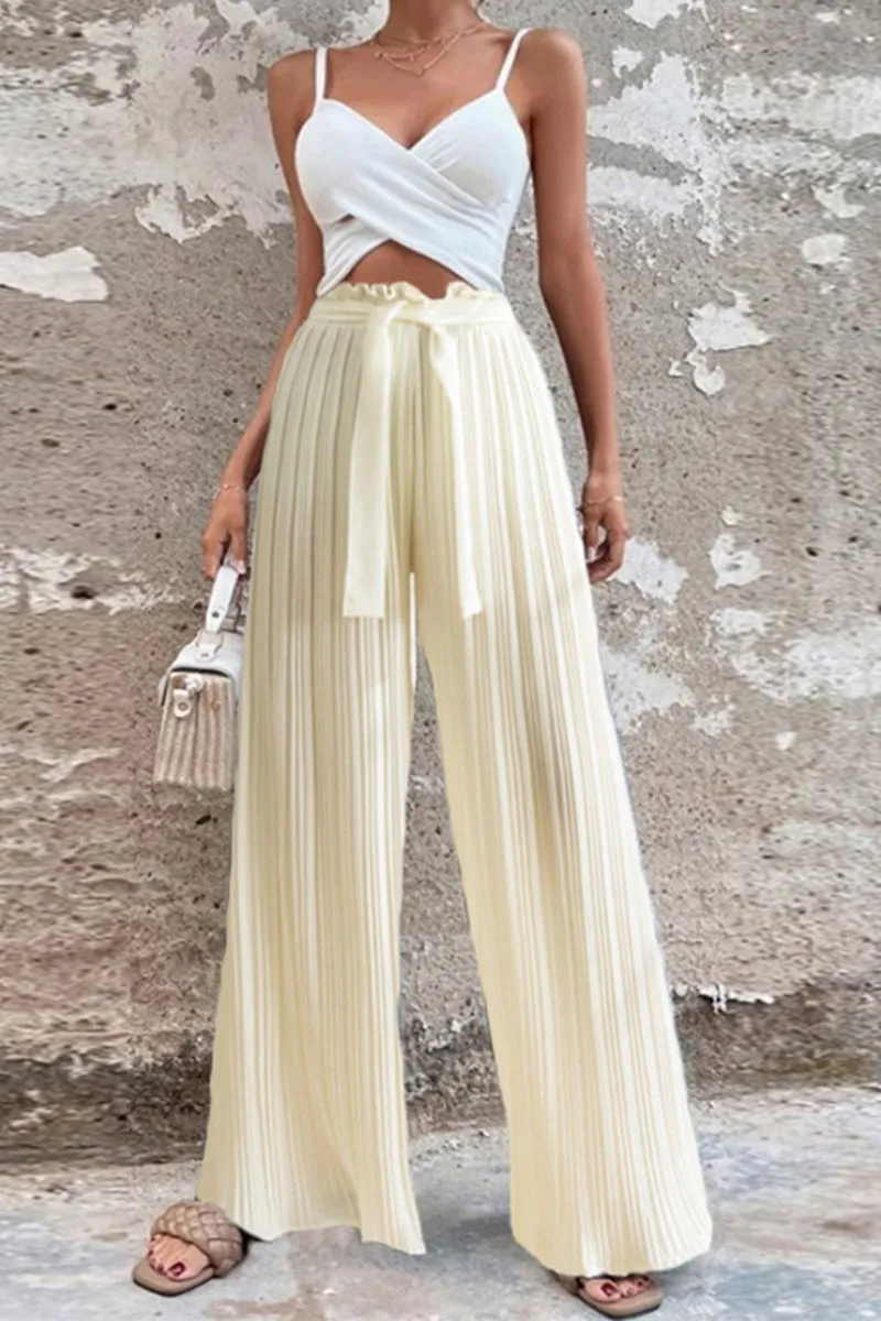 Elegant Solid With Belt Straight High Waist Wide Leg Patchwork Bottoms