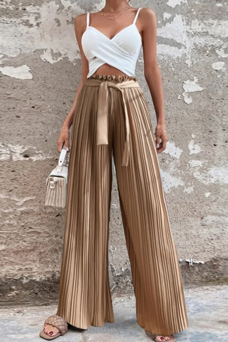 Elegant Solid With Belt Straight High Waist Wide Leg Patchwork Bottoms