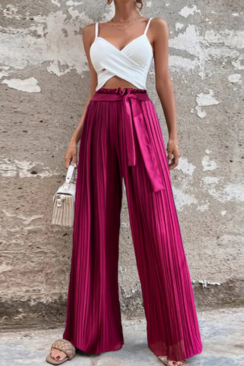 Elegant Solid With Belt Straight High Waist Wide Leg Patchwork Bottoms