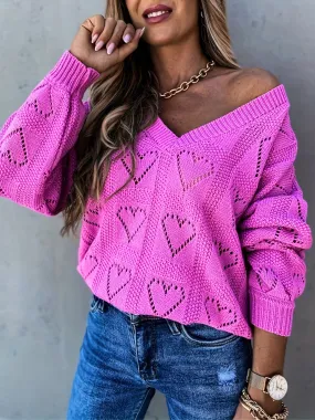 Fashion Heart Design Cut Out V Neck Sweater