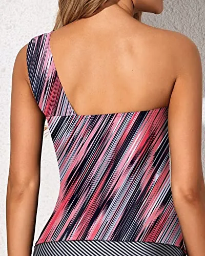 Flattering One Shoulder Swim Top Padded Bra Tankini Top-Pink Stripe