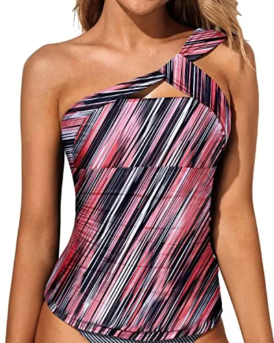 Flattering One Shoulder Swim Top Padded Bra Tankini Top-Pink Stripe