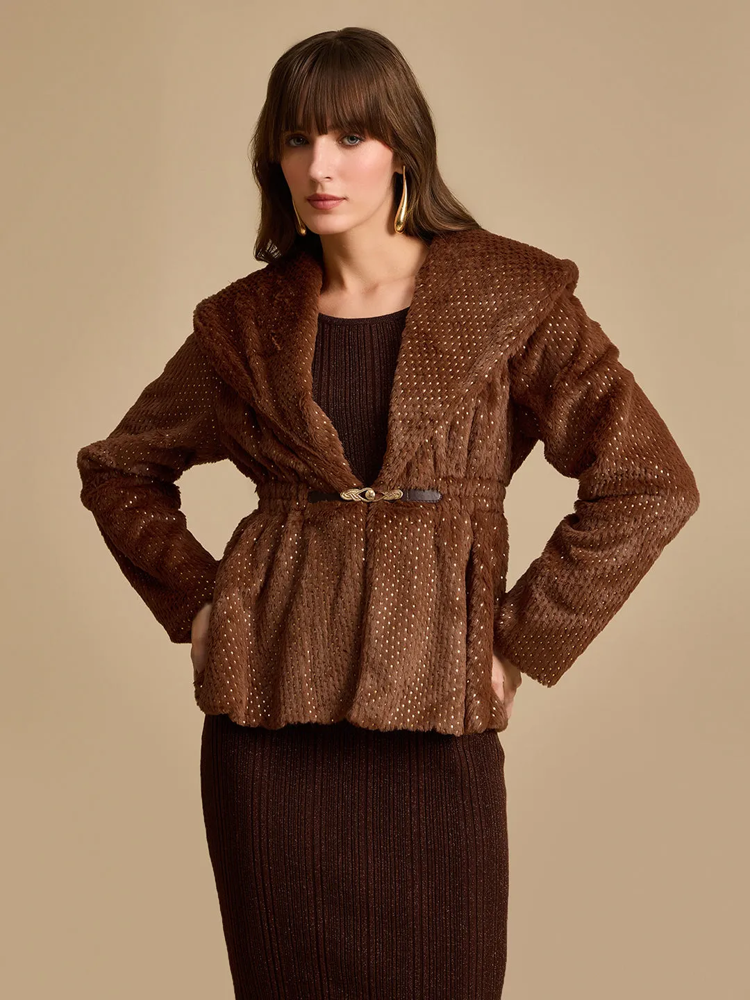 Foiled Fur Peplum Jacket With Gold Trim