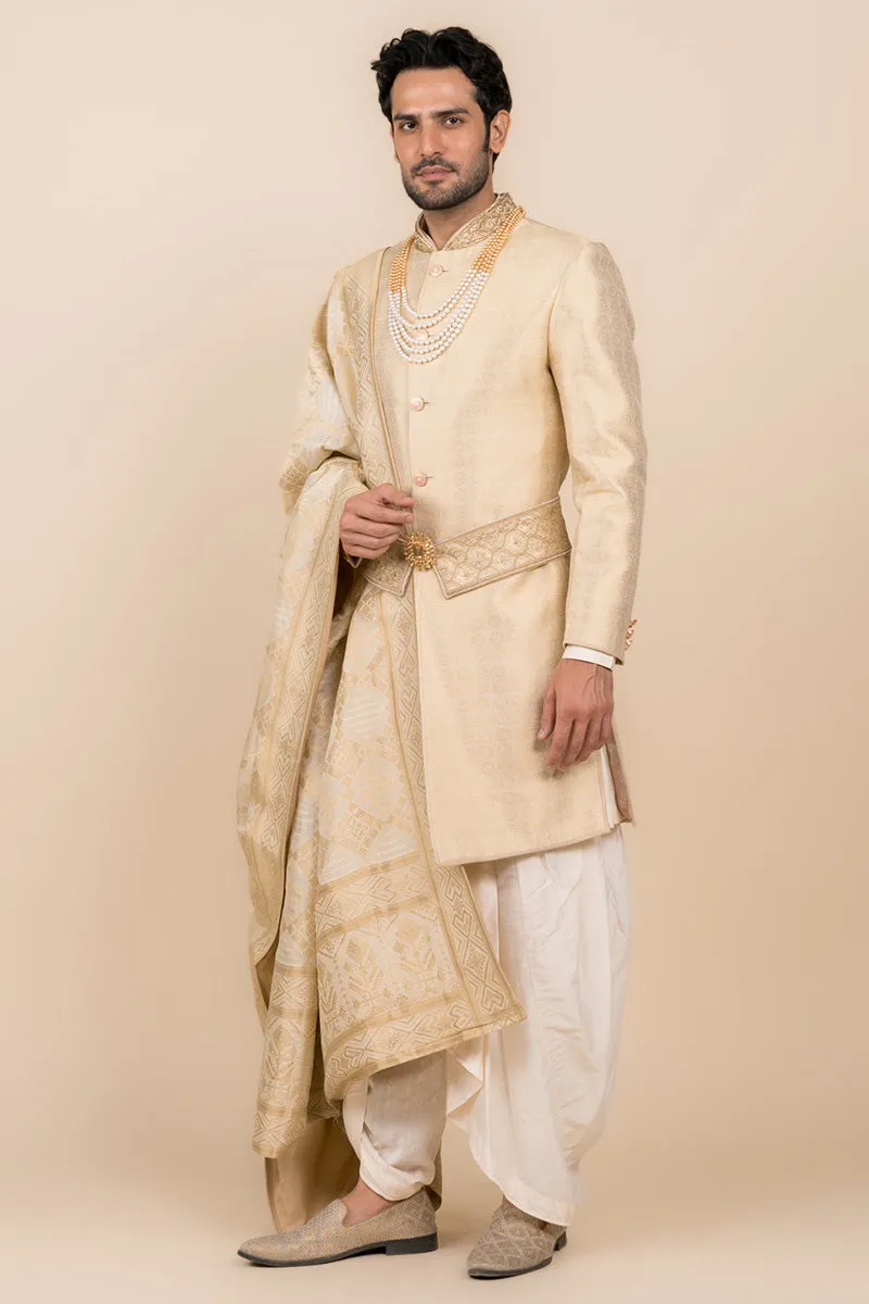 Gold Hand Embroidered Zari Jacquard Sherwani