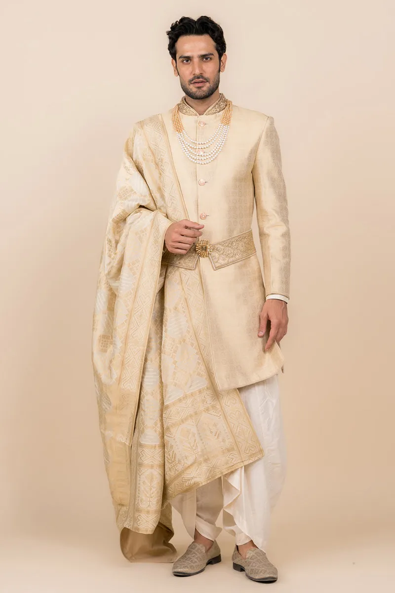 Gold Hand Embroidered Zari Jacquard Sherwani