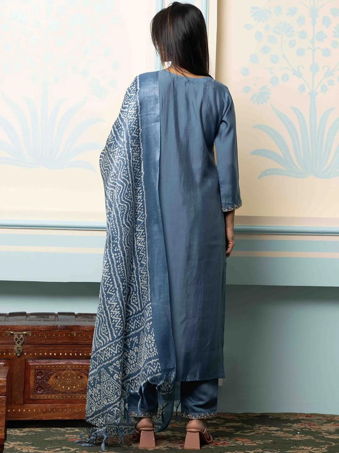 Grey Art Silk Zari Embroidered Kurta Set with Straight Bottom and Flowy Bandhani Printed Dupatta and Tassels