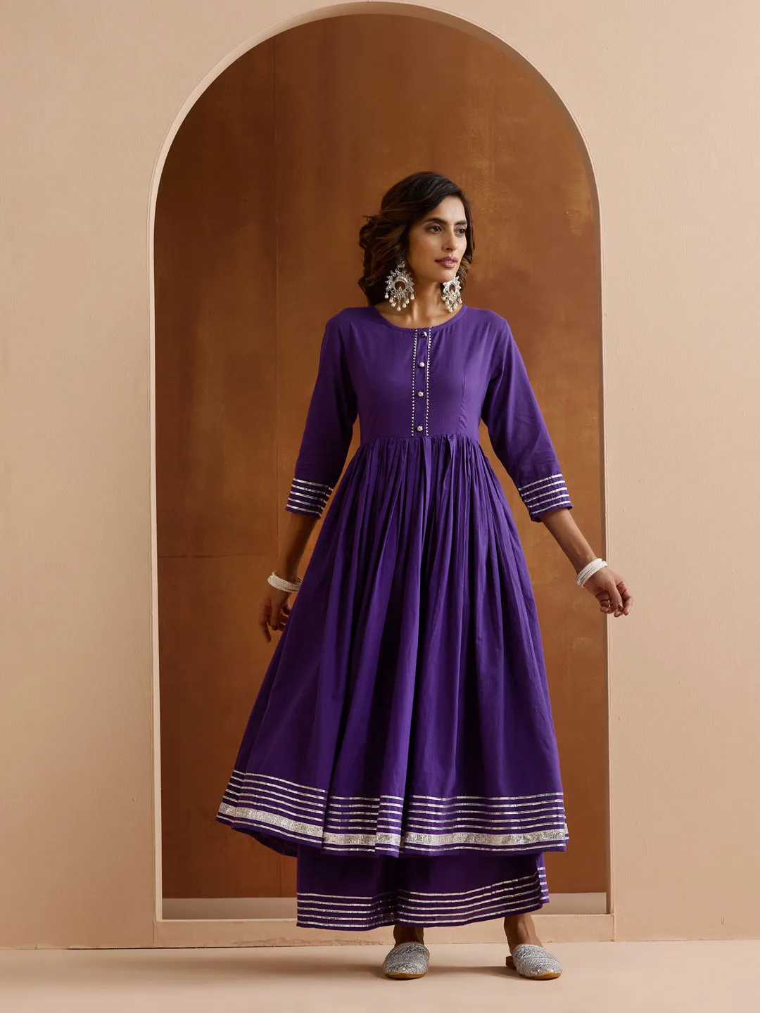 ISHIN Women Purple Cotton 3pcs Kurta set