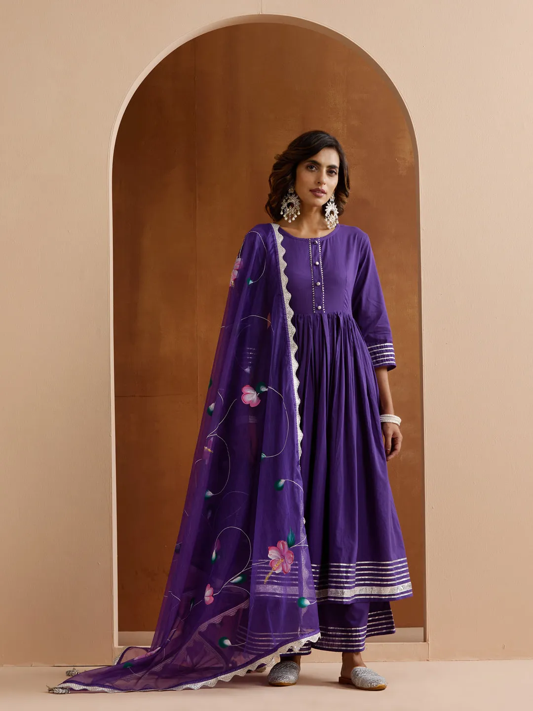 ISHIN Women Purple Cotton 3pcs Kurta set