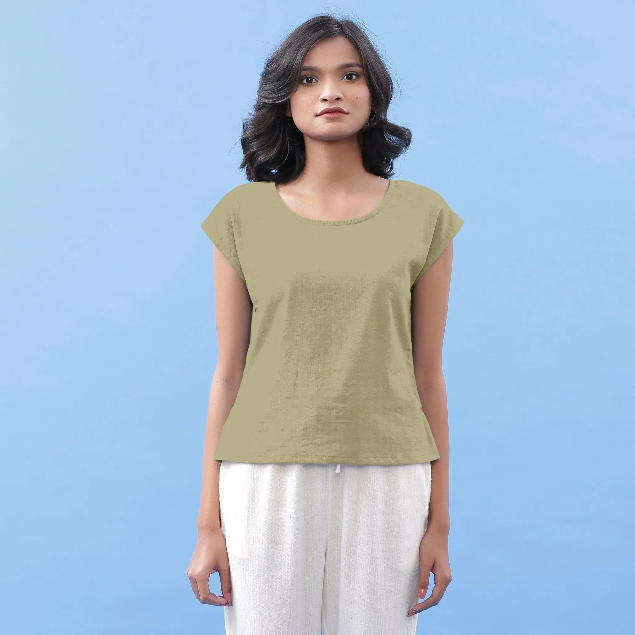 Khakhi Green 100% Cotton Round Neck Essential Top