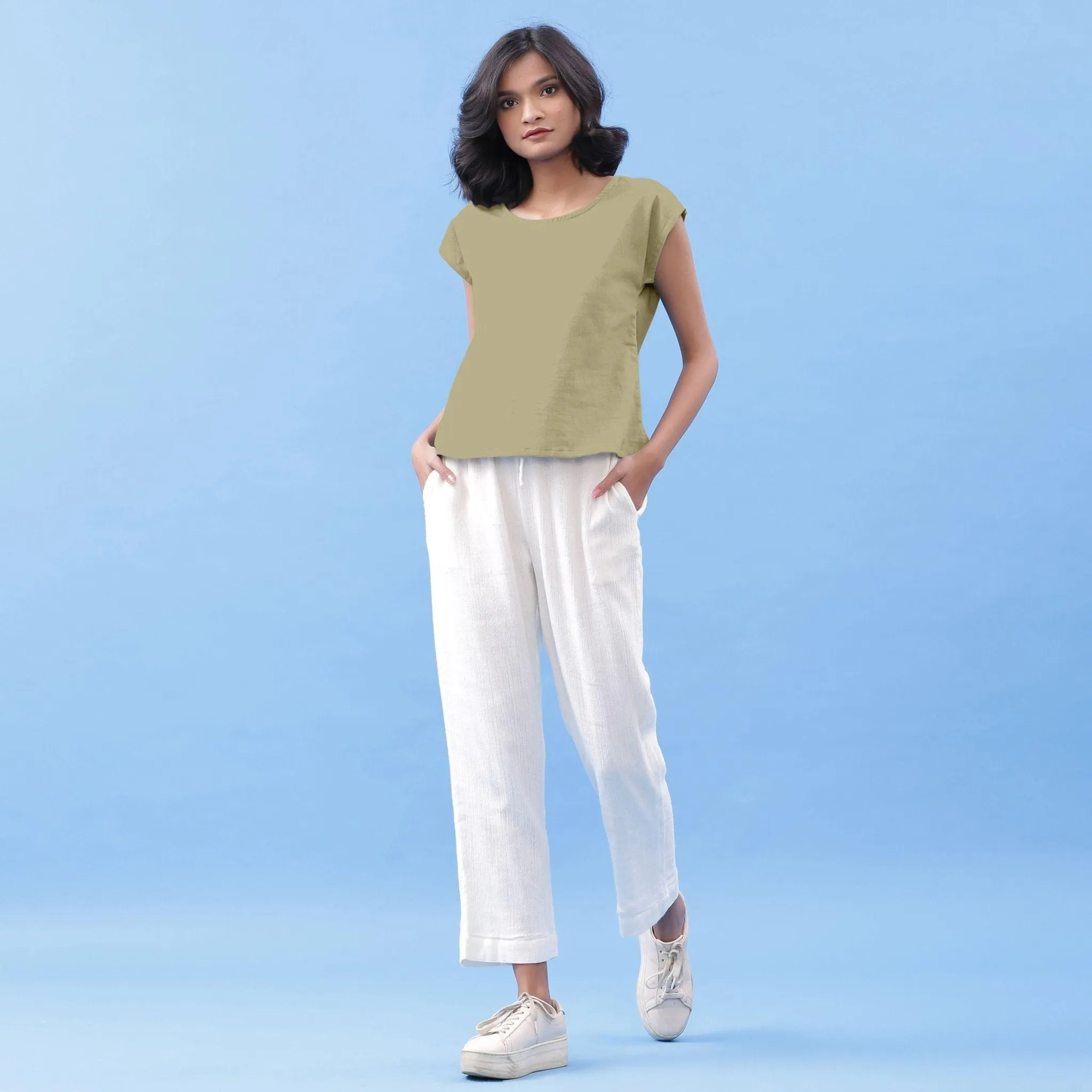 Khakhi Green 100% Cotton Round Neck Essential Top