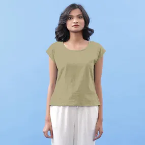 Khakhi Green 100% Cotton Round Neck Essential Top