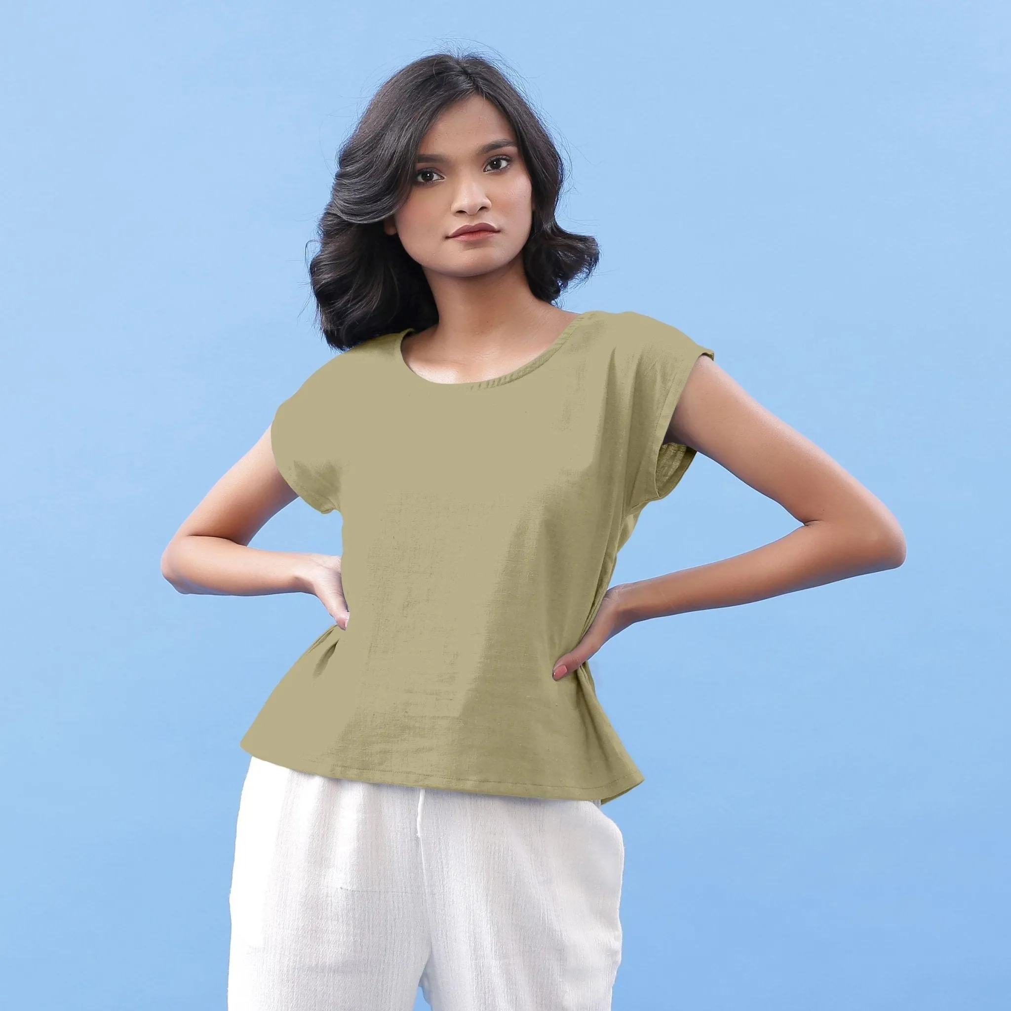 Khakhi Green 100% Cotton Round Neck Essential Top